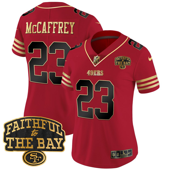 Women's San Francisco 49ers #23 Christian Mccaffrey Red 2025 Faithful To The Bay Patch Limited V8 Stitched Football Jersey(Run Small) Women's San Francisco 49ers #23 Christian Mccaffrey Red 2025 Faithful To The Bay Patch Limited V8 Stitched Football Jersey(Run Small)